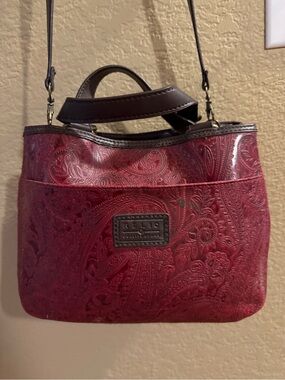 Relic Red Paisley-Embossed Crossbody with Brown Trim